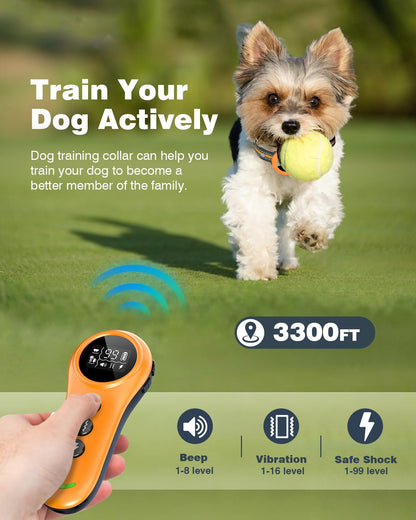 2-in-1 Dog Shock Collar & Dog Bark Collar - Smart Anti Barking Dog Training Collar with 5 Adjustable Sensitivity & 3300FT Remote for All Breeds IP67 Waterproof Rechargeable E-Collar (Orange)