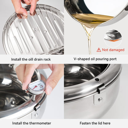Kerilyn Deep Fryer Pot, 11 Inch/4.2 L Janpanese Style Tempura Frying Pot with Lid, 304 Stainless Steel with Temperature Control and Oil Drip Drainer Rack, for Kitchen French Fries, Chicken etc