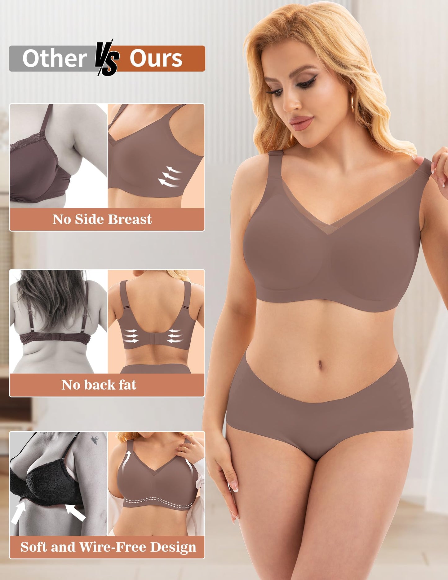 PoseFree Womens Wireless Bras Supportive Tshirt Bra No Underwire Seamless Push Up V Mesh Comfortable Bralette Everyday Bras Coffee XL