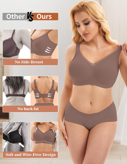 PoseFree Womens Wireless Bras Supportive Tshirt Bra No Underwire Seamless Push Up V Mesh Comfortable Bralette Everyday Bras Coffee XL
