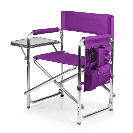 PICNIC TIME Sports Chair with Side Table, Outdoor Foldable Padded Adult Camping Chairs with Cup and Accessory Panel for Lawn, Beach, & Sports Use for Adults, up to 300-lbs Capacity, (Purple)