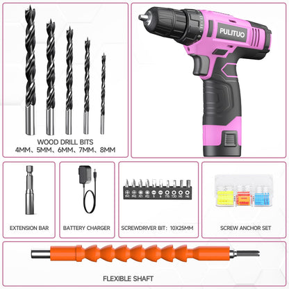 PULITUO 12V Pink Cordless Drill Set Power Drill Kit with Battery and Charger,electric drill home improvement,3/8-Inch Keyless Chuck,Built-in LED,21+1 Torque Setting small drill