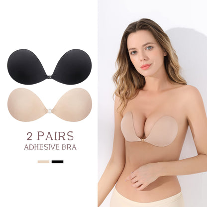 MINIYA 2025 Push Up Sticky Bra, 2 Pack Reusable Adhesive Invisible Backless Strapless Bra (US, Cup Band, A, Nude+Black)