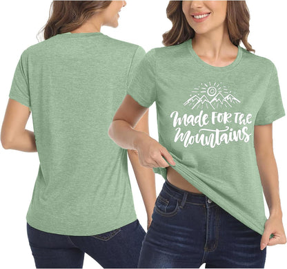 Adventure Awaits T-Shirts for Women Cute Sunshine Mountain Graphic Tees Camping Hiking Lover Gift T-Shirt Casual Comfy Clothes-2XL (Light Green)