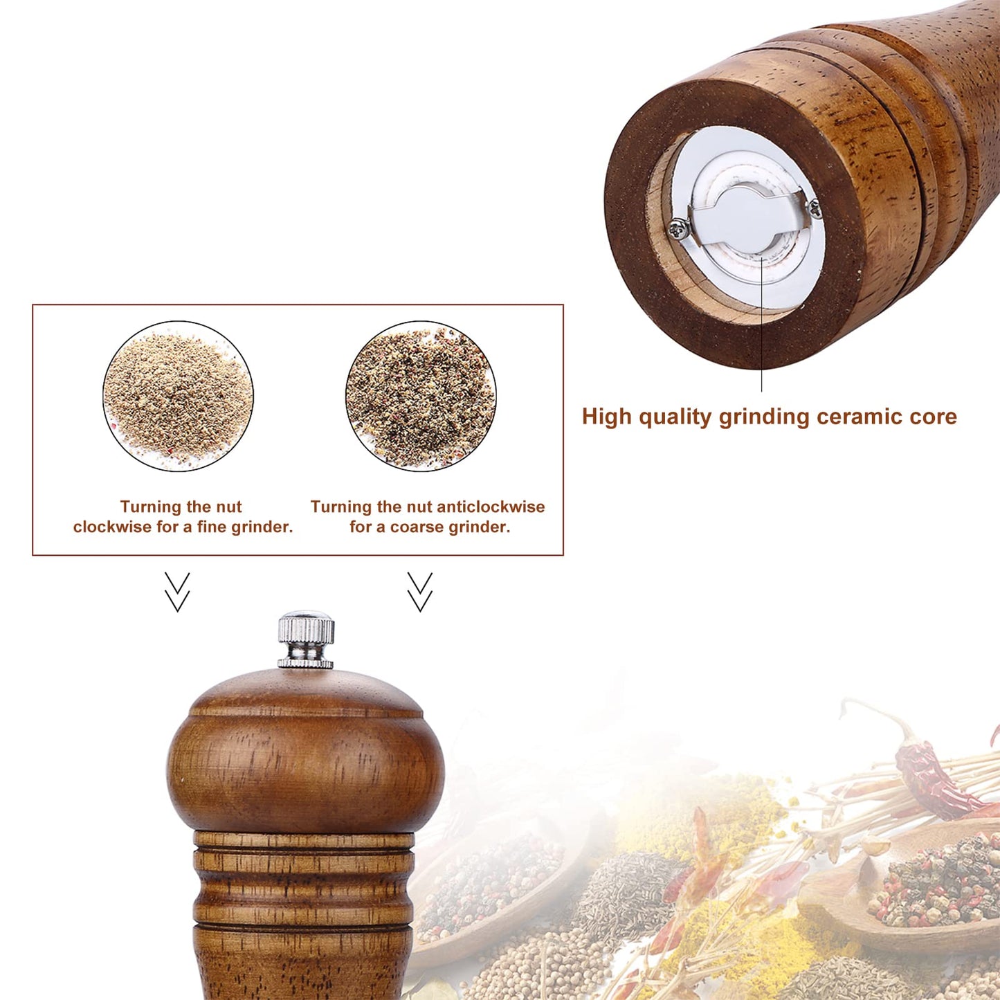 Gulex® Wood Pepper Grinder Pepper Mill,Adjustable Coarseness 8 Inch Wooden Peppermill, Ceramic Grinding Mechanism Salt Mill Refillable (1 pack)