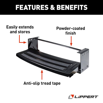 Lippert Components Radius 24" Single Manual RV Step Assembly, 300 lbs. Anti-Slip Steps, Compact One-Hand Expand or Collapse, Black Powder Coat, Travel Trailers, 5th Wheels, Campers - 432678