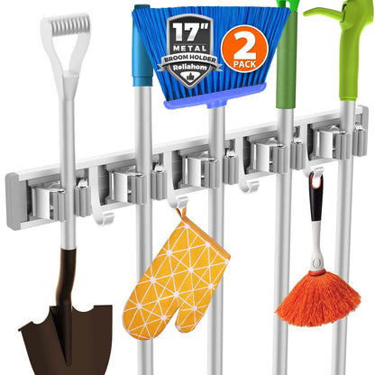 reliahom 2 Pack Broom Holder Wall Mount Mop and Broom Hanger Wall Mounted Garage Storage Rack Kitchen Garden Tool Organizer (5 Racks with 4 Hooks, Silver)