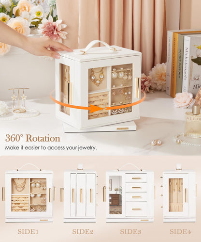 Homde Jewelry Box 360° Rotating, Necklace Earring Organizer with Transparent Window, Mirror, 7 Drawers, Large Ring Display Storage Case for Girls Women (White)