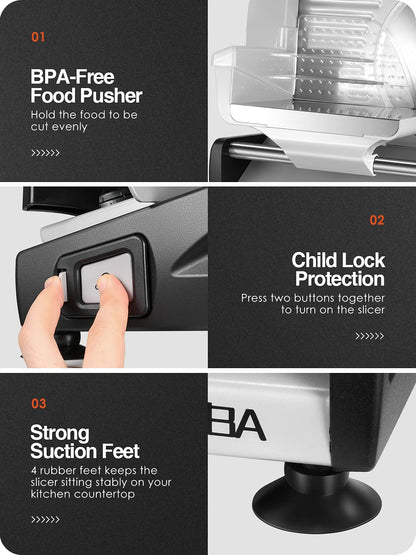 OSTBA Electric Deli Meat Slicer, 200W Food Slicer with 0-15mm Adjustable Thickness, 7.5” Removable Stainless Steel Blade & Food Carriage, Child Safety Lock, Easy to Clean - For Home Use