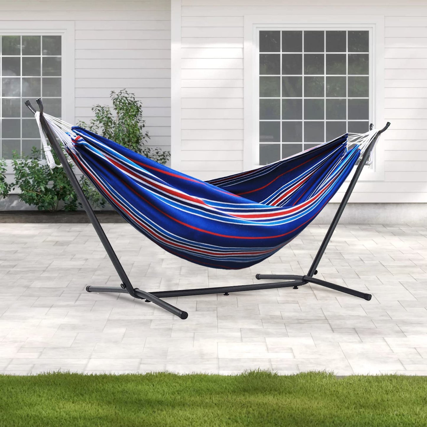 OUTDOOR WIND 550lbs Capacity Double Hammock Adjustable Hammock Bed with 10ft Heavy Duty Steel Stand Includes Portable Carrying Case, Easy Set up Blue Pinstrip B