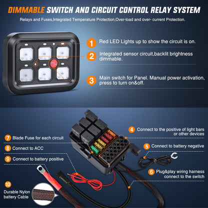 Nilight 6 Gang Switch Panel Universal Circuit Control Relay System with Fuse Wiring Harness Automatic Dimmable ON-Off LED Switch Pod for Cars Trucks Boats ATV UTV SUV, 2 Years Warranty