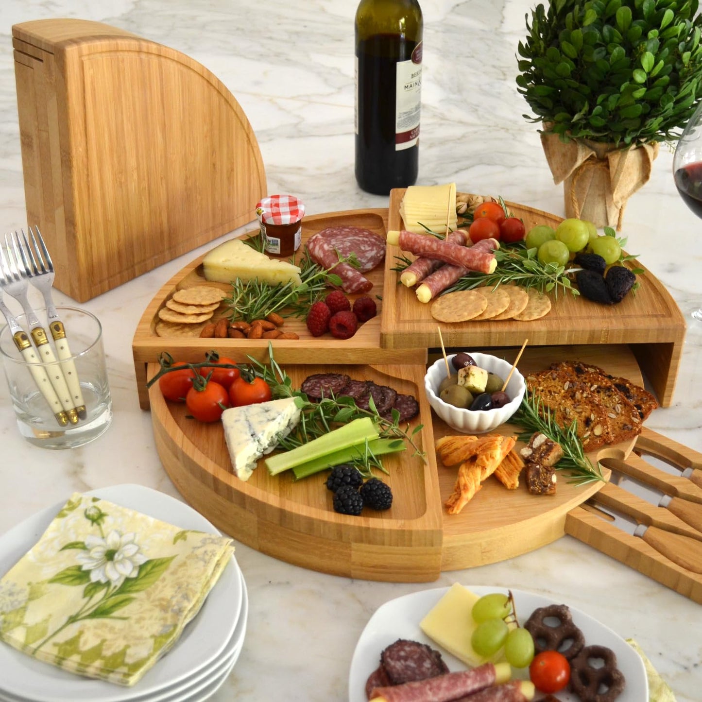 Picnic at Ascot Patented Bamboo Cheese/Charcuterie Board with Cheese Knife Set - Stores as a Compact Wedge - Opens to 18" Diameter - Designed & Quality Checked in USA