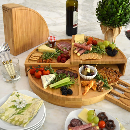 Picnic at Ascot Patented Bamboo Cheese/Charcuterie Board with Cheese Knife Set - Stores as a Compact Wedge - Opens to 18" Diameter - Designed & Quality Checked in USA
