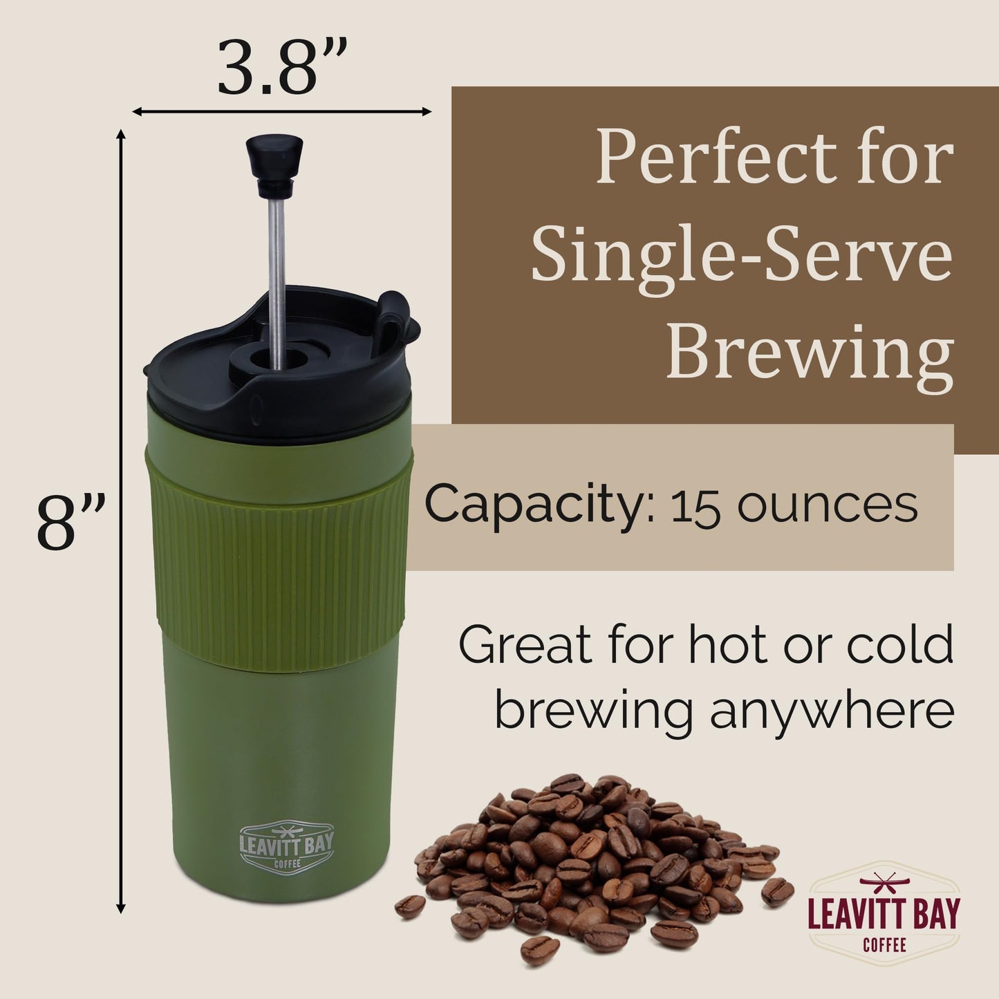 Portable French Press Travel Mug – Insulated Stainless Steel French Press Mug for Hot or Cold Brew – Durable Travel Coffee Maker – On-the-Go Tea & Coffee Maker (Army Green)