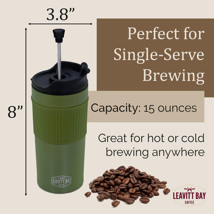 Portable French Press Travel Mug – Insulated Stainless Steel French Press Mug for Hot or Cold Brew – Durable Travel Coffee Maker – On-the-Go Tea & Coffee Maker (Army Green)