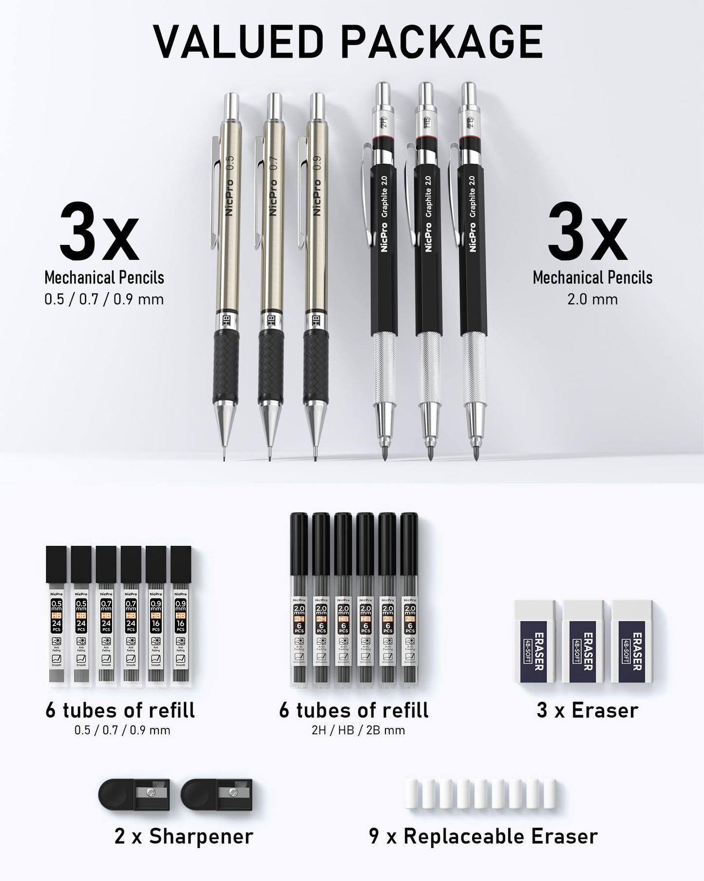Nicpro 6PCS Art Mechanical Pencil Set, 3PCS Metal Drafting Pencil 0.5 mm & 0.7 mm & 0.9 mm & 3PCS 2mm Graphite Lead Holder (2B HB 2H) For Writing, Sketching Drawing With Lead Refills Case