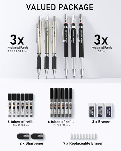Nicpro 6PCS Art Mechanical Pencil Set, 3PCS Metal Drafting Pencil 0.5 mm & 0.7 mm & 0.9 mm & 3PCS 2mm Graphite Lead Holder (2B HB 2H) For Writing, Sketching Drawing With Lead Refills Case