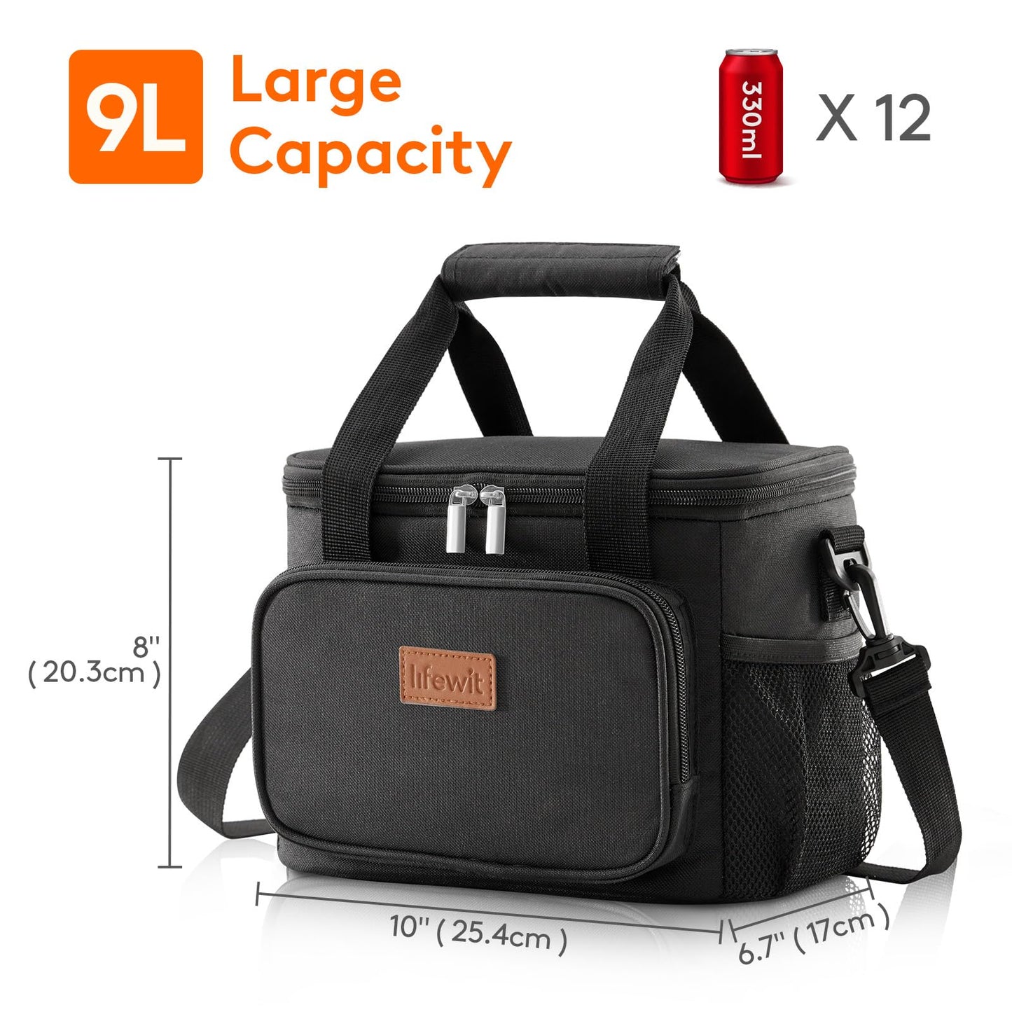 Lifewit Medium Lunch Bag Insulated Lunch Box Soft Cooler Cooling Tote for Adult Men Women, Black 12-Can (9L)