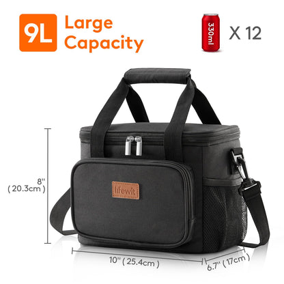 Lifewit Medium Lunch Bag Insulated Lunch Box Soft Cooler Cooling Tote for Adult Men Women, Black 12-Can (9L)
