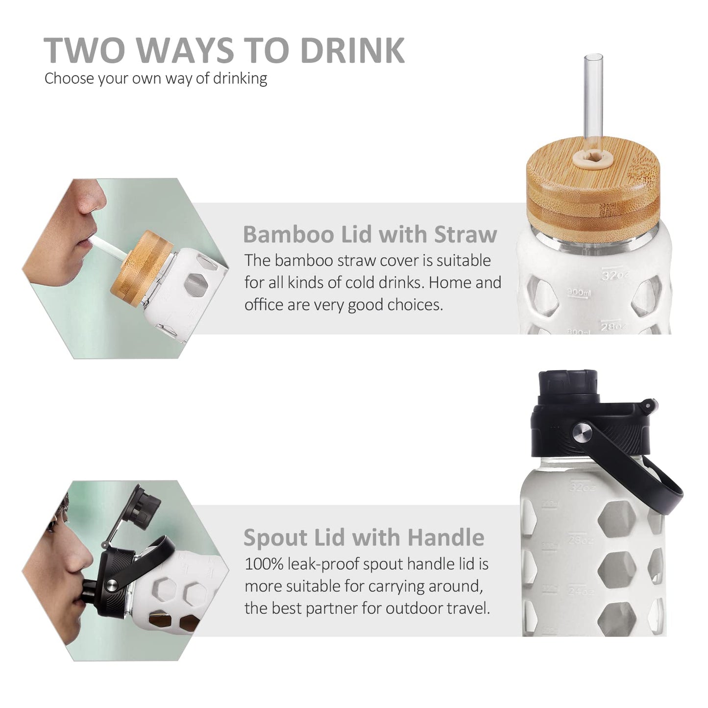 MUKOKO 32oz Glass Water Bottles with 2 Lids-Handle Spout Lid&Bamboo Straw Lid, Motivational Water Tumbler with Time Marker Reminder and Silicone Sleeve, Leakproof-White-1 Pack