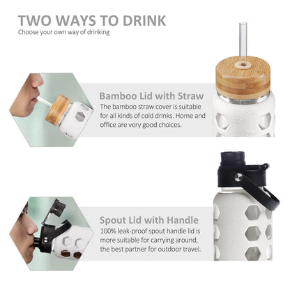 MUKOKO 32oz Glass Water Bottles with 2 Lids-Handle Spout Lid&Bamboo Straw Lid, Motivational Water Tumbler with Time Marker Reminder and Silicone Sleeve, Leakproof-White-1 Pack