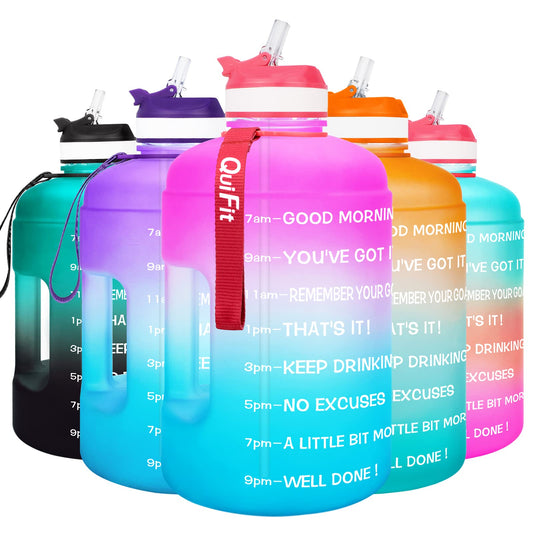 QuiFit Motivational Gallon Water Bottle - with Straw & Time Marker BPA Free Large Reusable Sport Water Jug with Handle for Fitness Outdoor Enthusiasts Leak-Proof (Pink/Blue,1 gallon)