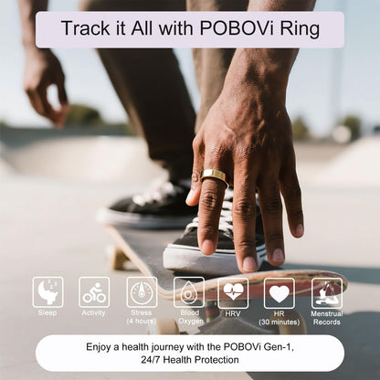 POBOVi Smart Ring for Women Men- Sleep/Fitness/Stress/Heart Rate Tracker- Menstrual Records - 7 Days Battery Life - Wireless Charging - No APP Subscription - iOS & Android Compatible (Gold, Size 9)