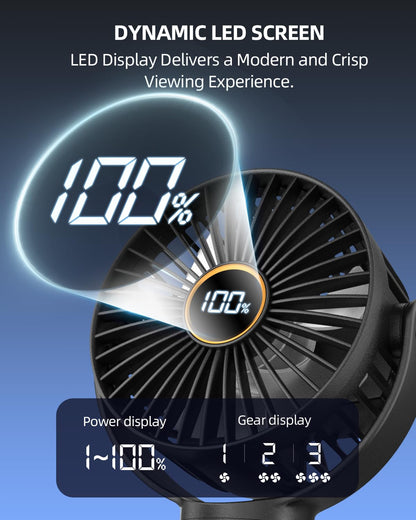 Portable Stroller Mini Fan, Small Rechargeable Personal Fan, Baby Travel Essentials for Wagon, Car Seat, Treadmill, Battery Powered Biking Gear Accessories, 360° Rotation, 3-Speed, Display, Black