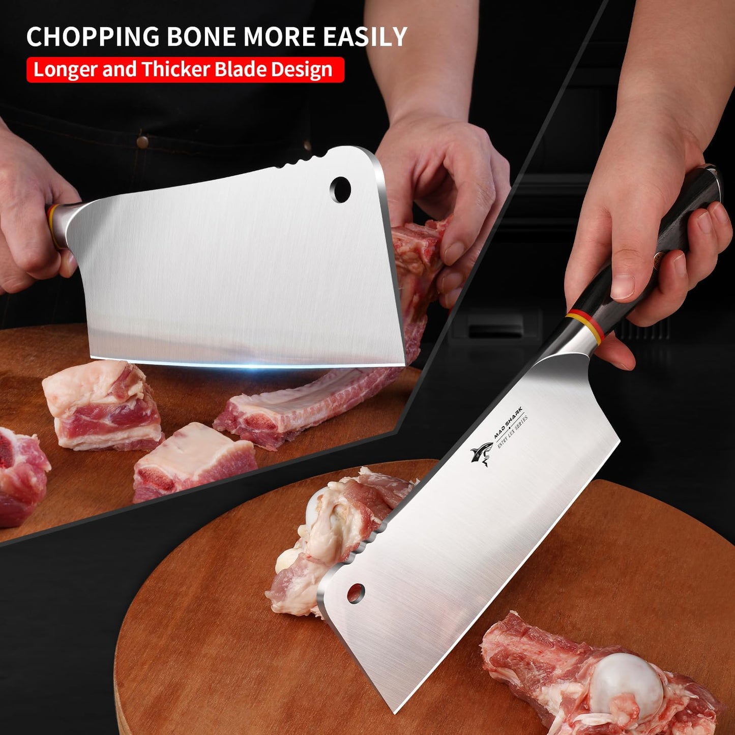 MAD SHARK Meat Cleaver, Professional 7.5 Inch Bone Chopping Butcher Knife with Heavy Duty Blade, German Military Grade Composite Steel, Chinese Chef's Bone Cutting Knife for Home Kitchen & Restaurant