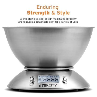 Etekcity Food Kitchen Scale with Bowl, Digital Weight Scale for Food Ounces and Grams, Cooking and Baking, Timer, and Temperature Sensor, 2.06 QT, Stainless Steel