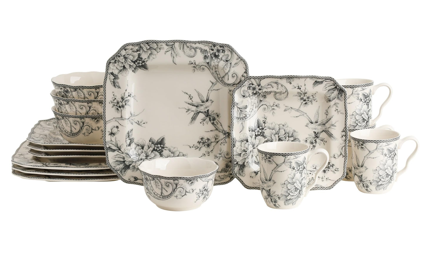 222 Fifth Adelaide 16-Piece Square Floral Dinnerware Set – Service for 4, Grey & White Porcelain Plates & Bowls, for Everyday Dining & Entertainment, Microwave & Dishwasher Safe, Chip Resistant