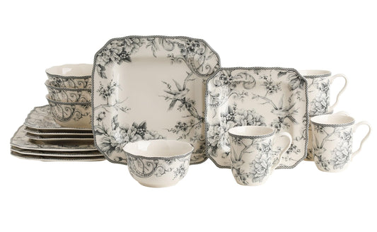 222 Fifth Adelaide 16-Piece Square Floral Dinnerware Set – Service for 4, Grey & White Porcelain Plates & Bowls, for Everyday Dining & Entertainment, Microwave & Dishwasher Safe, Chip Resistant