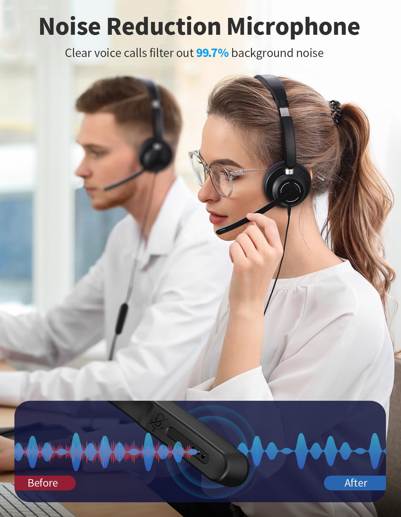 JabNecter USB Headset with Microphone for PC, Wired Headphones with Noise Cancelling Mic, Computer Headset with in-line Controls, 3.5mm & USB Plug for Zoom, Skype, Call Center, Office Use, Black