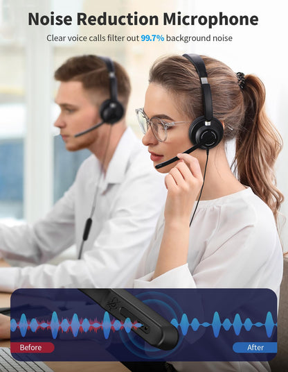 JabNecter USB Headset with Microphone for PC, Wired Headphones with Noise Cancelling Mic, Computer Headset with in-line Controls, 3.5mm & USB Plug for Zoom, Skype, Call Center, Office Use, Black