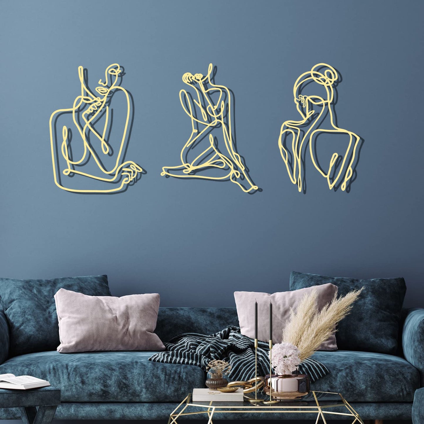 Photect 3 Pcs Metal Wall Art Decor Minimalist Abstract Woman Wall Art metal Modern Line Drawing Wall Art Decor Female Single Line Wall Home Hanging for Bedroom Bathroom Living Room, Gold (Elegant)