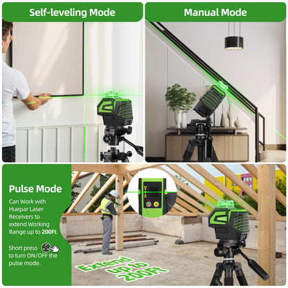 Huepar Self Leveling Green Laser Level Cross Line with 2 Plumb Dots Laser Tool -360 Horizontal Line Plus Large Fan Angle of Vertical Beam -Li-ion Battery with Type-C Charging Port&Magnetic Base 7211CG