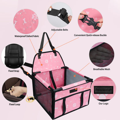 PetsHome Dog Car Seat Foldable Dog Car Booster Seat Waterproof Breathable Oxford Travel Bag for Small to Medium Dogs, Puppies, and Pets-Pattern Pink-Upgrade