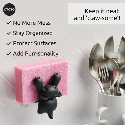 OTOTO Scrubby Cute Cat Sponge Holder for Kitchen Sink - Dishwasher Safe Dish Sponge Organizer- Compact, Cute Kitchen Accessories, Dish Sponge, White Elephant Gifts