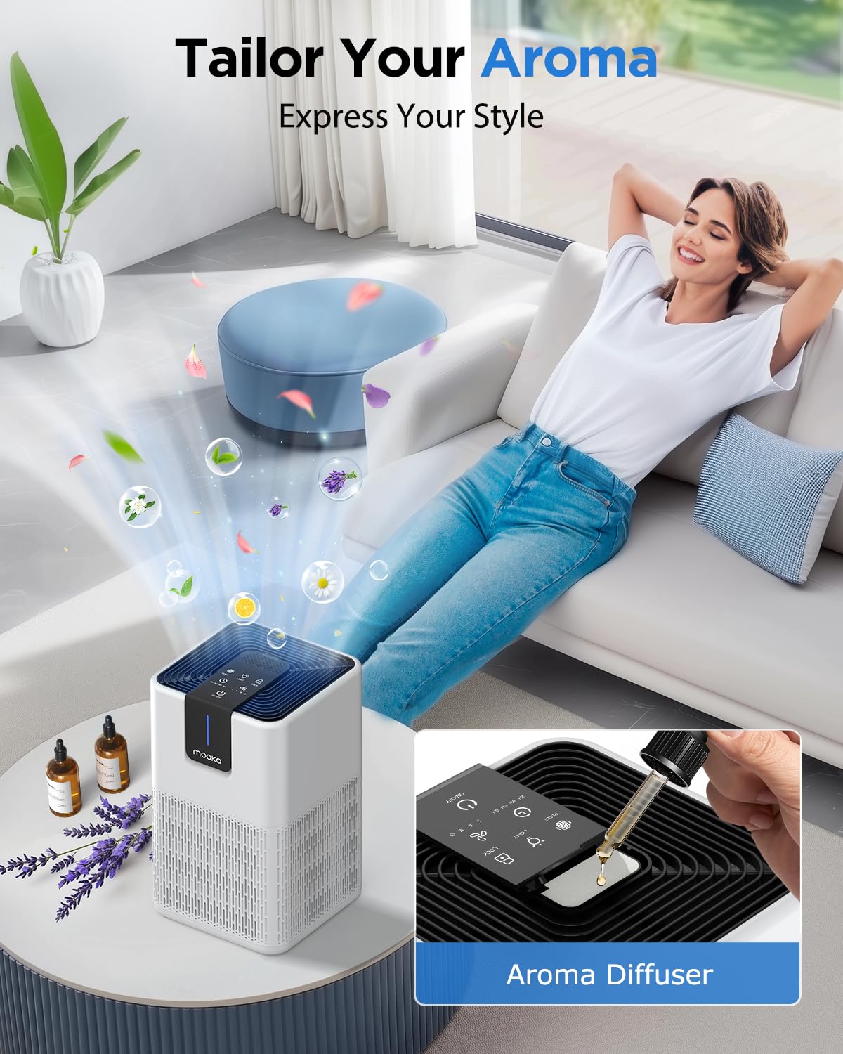 Air Purifiers for Home Large Room Up to 1250 Ft²,MOOKA H13 HEPA Air Purifier for Pets Dust Odor Smoke,Aromatherapy Function,Air Cleaner with 15dB Quiet Sleep Mode for Bedroom Office Living Room,White