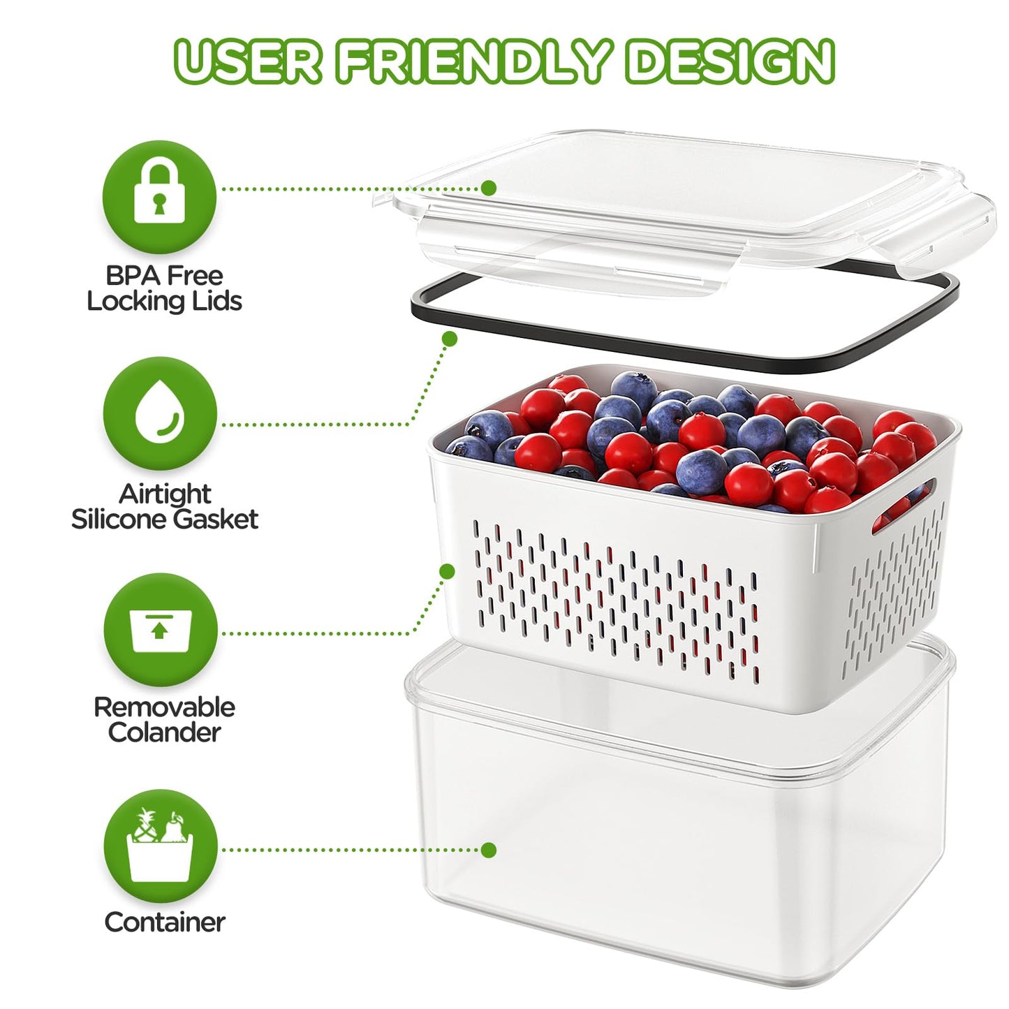 4 PCS Fruit Storage Containers for Fridge, Produce Containers for Fridge with Removable Colander, All-In-One Fruit Washing Bowl with Strainer Microwave/Dishwasher Safe for Salad Berry Lettuce Keeper