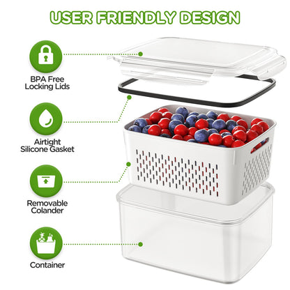 4 PCS Fruit Storage Containers for Fridge, Produce Containers for Fridge with Removable Colander, All-In-One Fruit Washing Bowl with Strainer Microwave/Dishwasher Safe for Salad Berry Lettuce Keeper