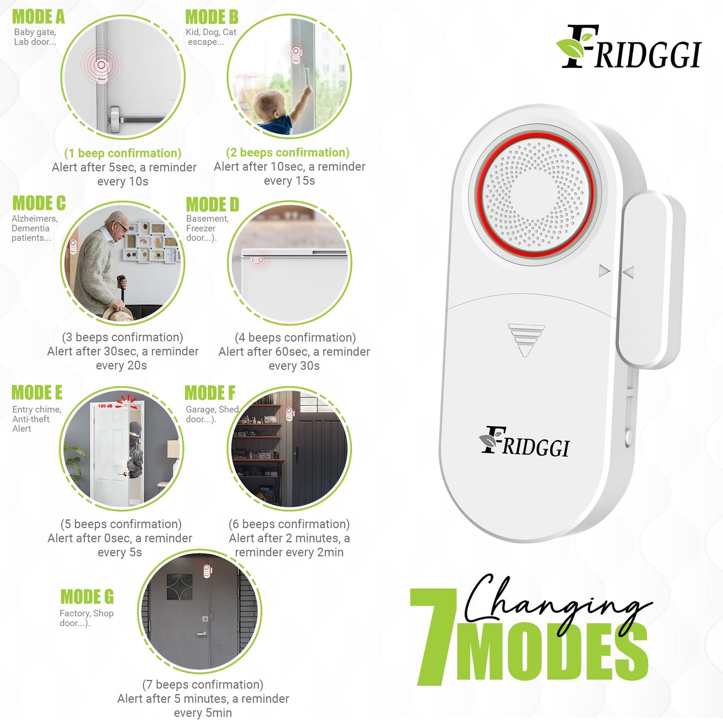 3in1 Alarm - Door Ajar Alarm, Door Chime with Delay, 0/5/10/30/60 Seconds, 2/5 Minutes, Close Door Reminder, 80 to 120 dB, Time Delay Alert When Left Open for Freezer, Home, Shop. (White)