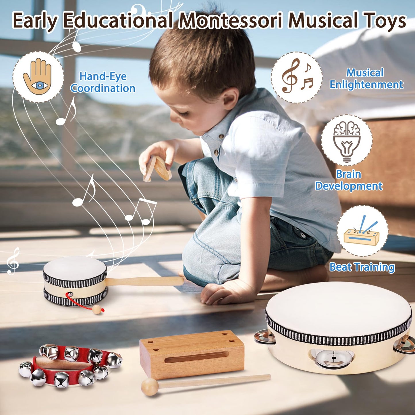 LOOIKOOS Toddler Musical Instruments Montessori Natural Wooden Percussion Instruments for Kids Preschool Educational Musical Toys Set for Boys and Girls with Storage Bag