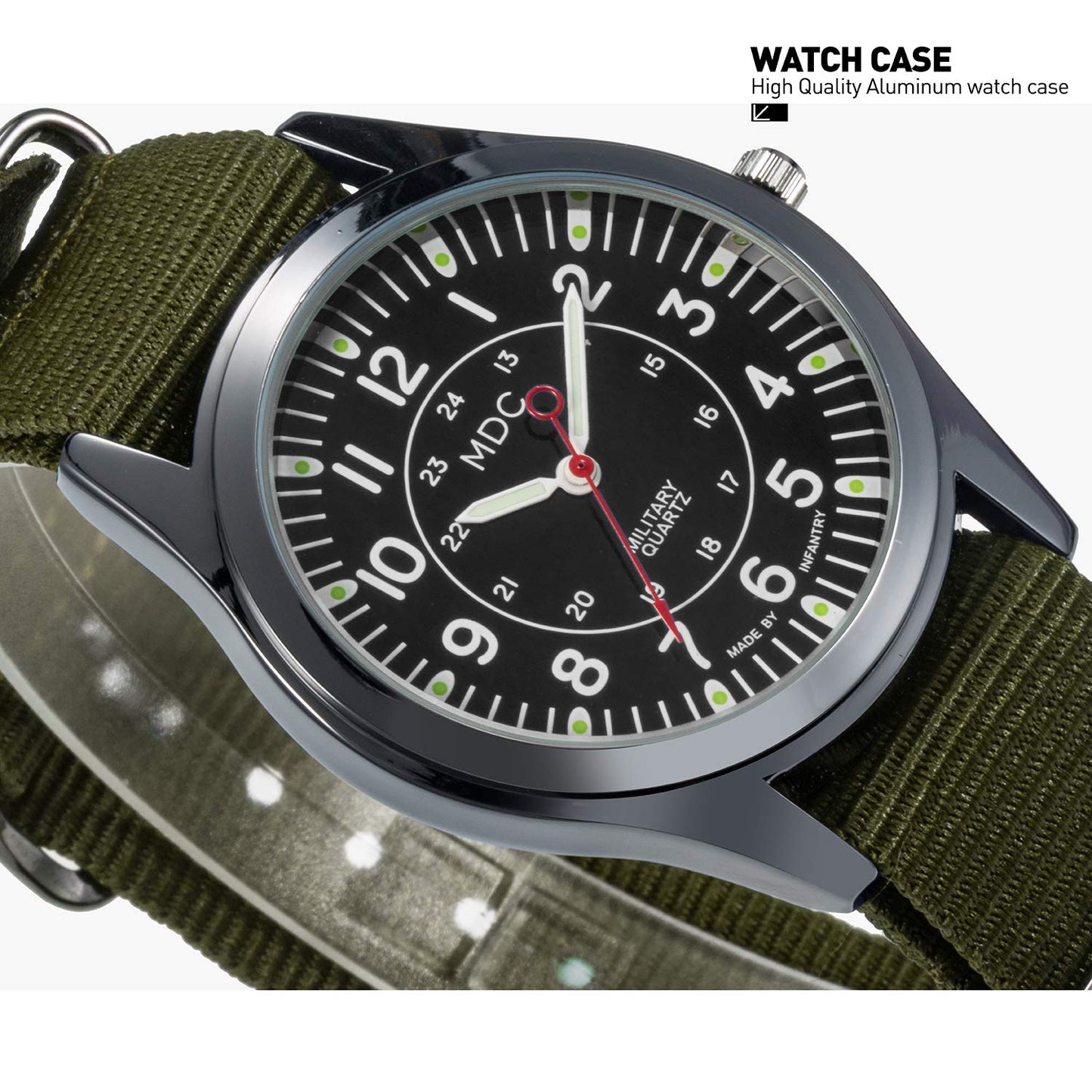 Infantry Black Military Watches for Men Tactical Wrist Watch Outdoor Sport Field Analog Work Army Wristwatch Men's Green Nylon Band by MDC