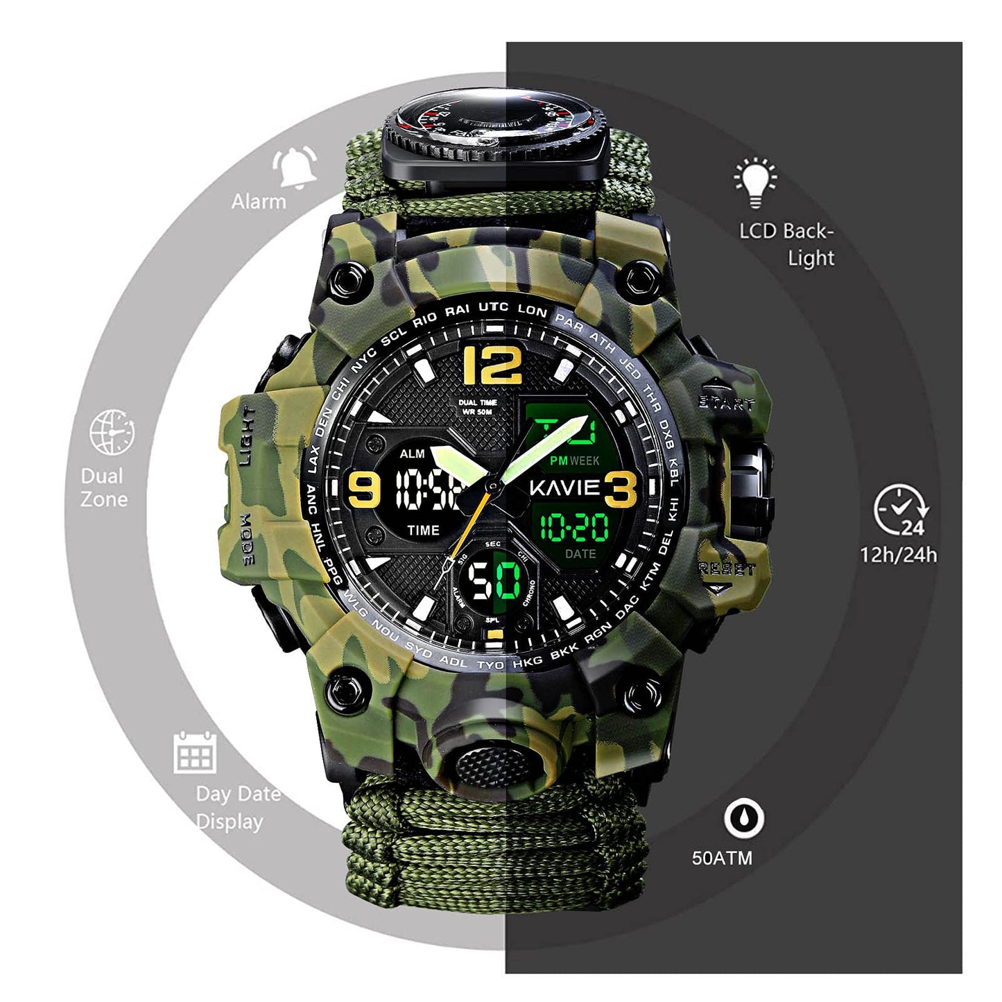 Kavie Mens Tactical Military Digital Watch, 23-in-1 Survival Multi-Functional Army Outdoors Waterproof Camouflage Sports Watches LED Electronic Wristwatches with Compass Paracord Band