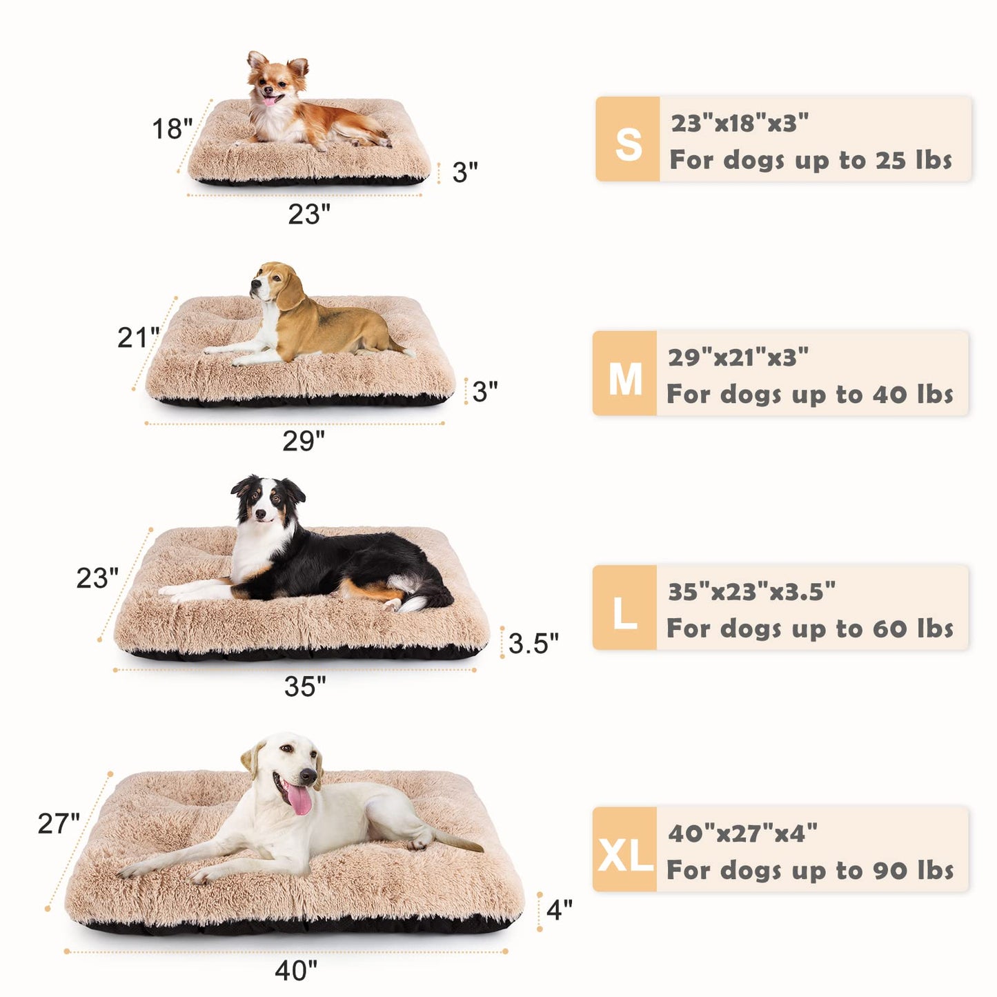 JOEJOY Large Dog Bed Crate Pad, Deluxe Plush Washable Dog Beds Fulffy Soft Kennel Pad Anti-Slip Pet Sleeping Mat for Extra Large Medium Small Dogs, 40" x 27", Beige