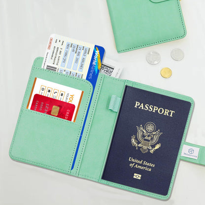 Melsbrinna Premium Leather Passport Holder Covers Case, Waterproof Rfid Blocking Travel Wallet Passport Holder with Pen Holder, Cute Passport Book for Women/Men (Mint Green)