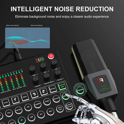 RHM Podcast Equipment Bundle, All-in-One Audio Interface DJ Mixer with Microphone, Stand, Monitor Earphone, Audio Mixer With Sound card for PC/Laptop/Phone, Streaming/Podcasting/Gaming