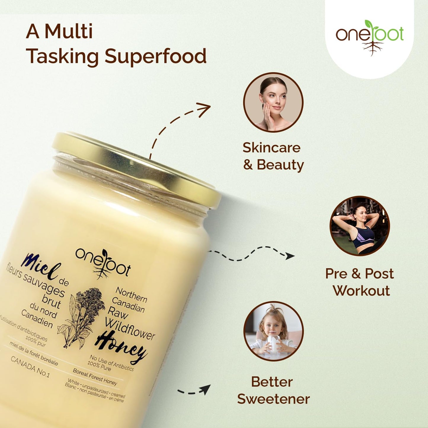 Oneroot 100% Canadian Flower Honey - 1kg / 2.2lbs, Honey Wildflower Unfiltered, Unheated & Creamed, Nutrient Rich Raw Wildflower With Enzymes, Thick Natural Sweetener