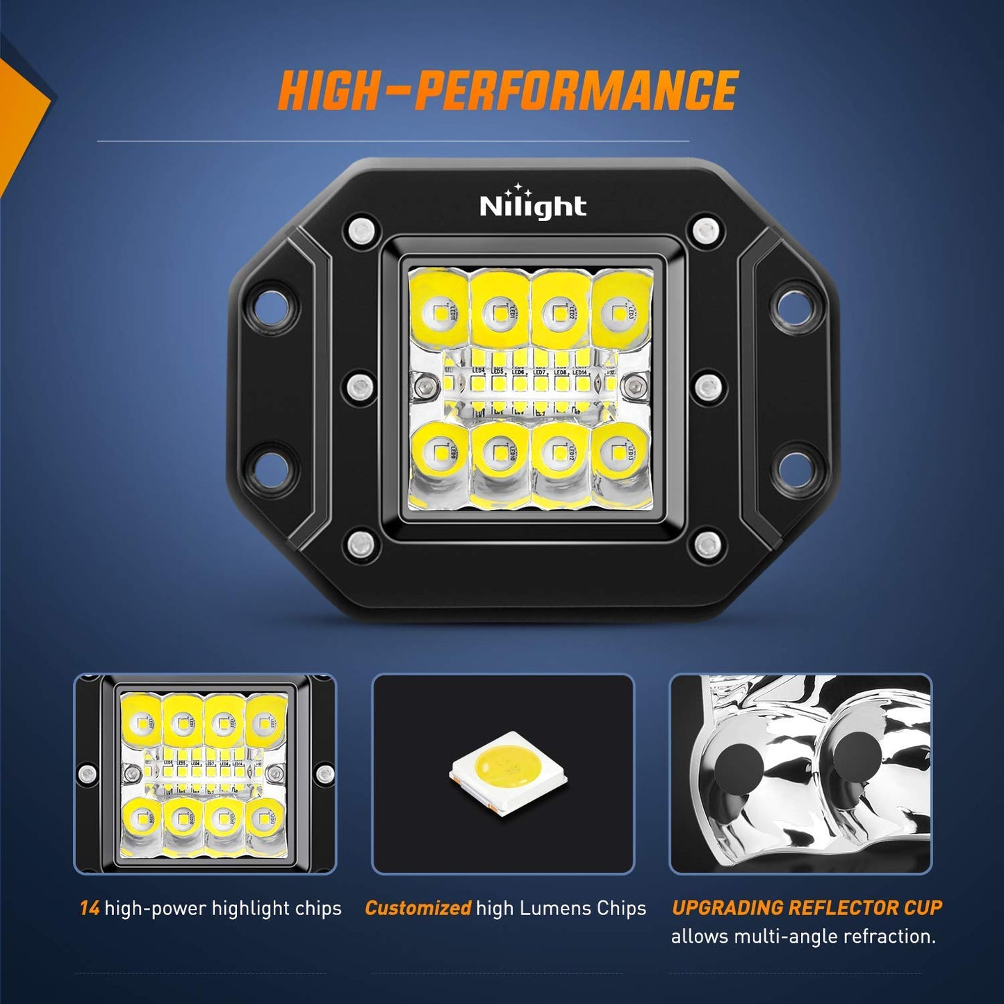 Nilight 2PCS 42W Flush Mount LED Light Pods Spot Flood Combo Backup Reverse Driving Headlamp Mount on Bumper Grille for 4x4 Offroad Truck SUV